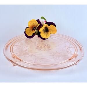 Vintage Jeanette Glass Pink Depression Glass Sunflower Footed Cake Plate